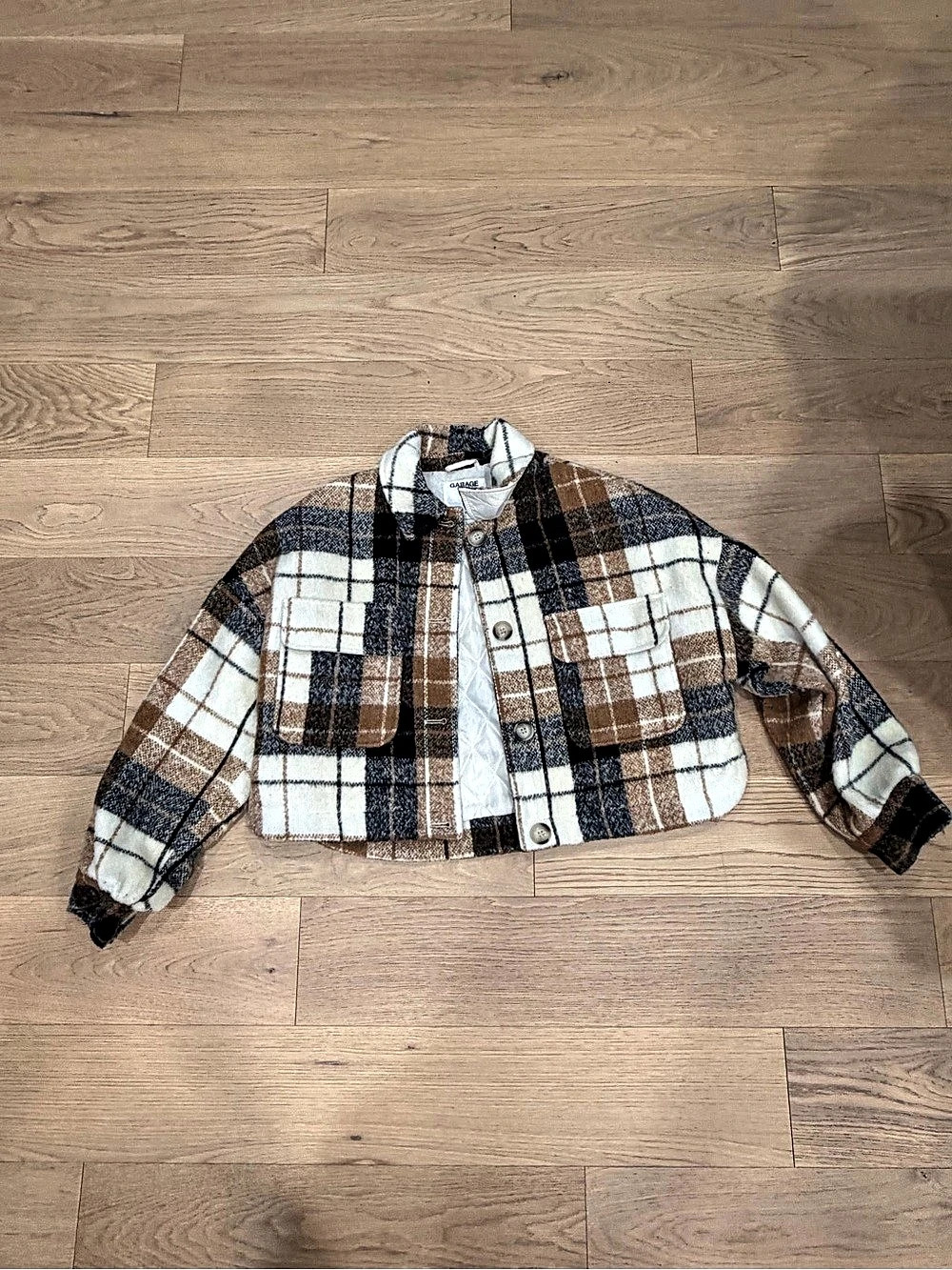 Garage Plaid Cropped Shacket Brown & White Size Medium